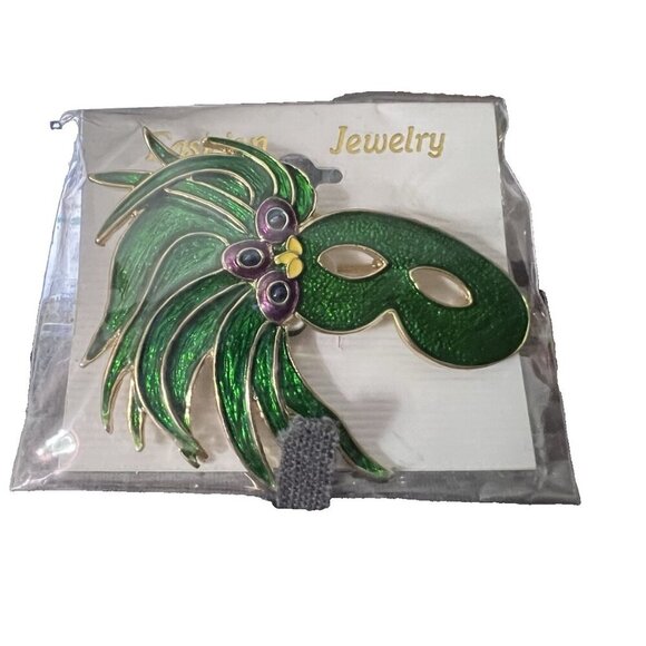New Goldtone Green Enamel Mardi Grass Venetian Mask Brooch 3" x 2" - Picture 2 of 7